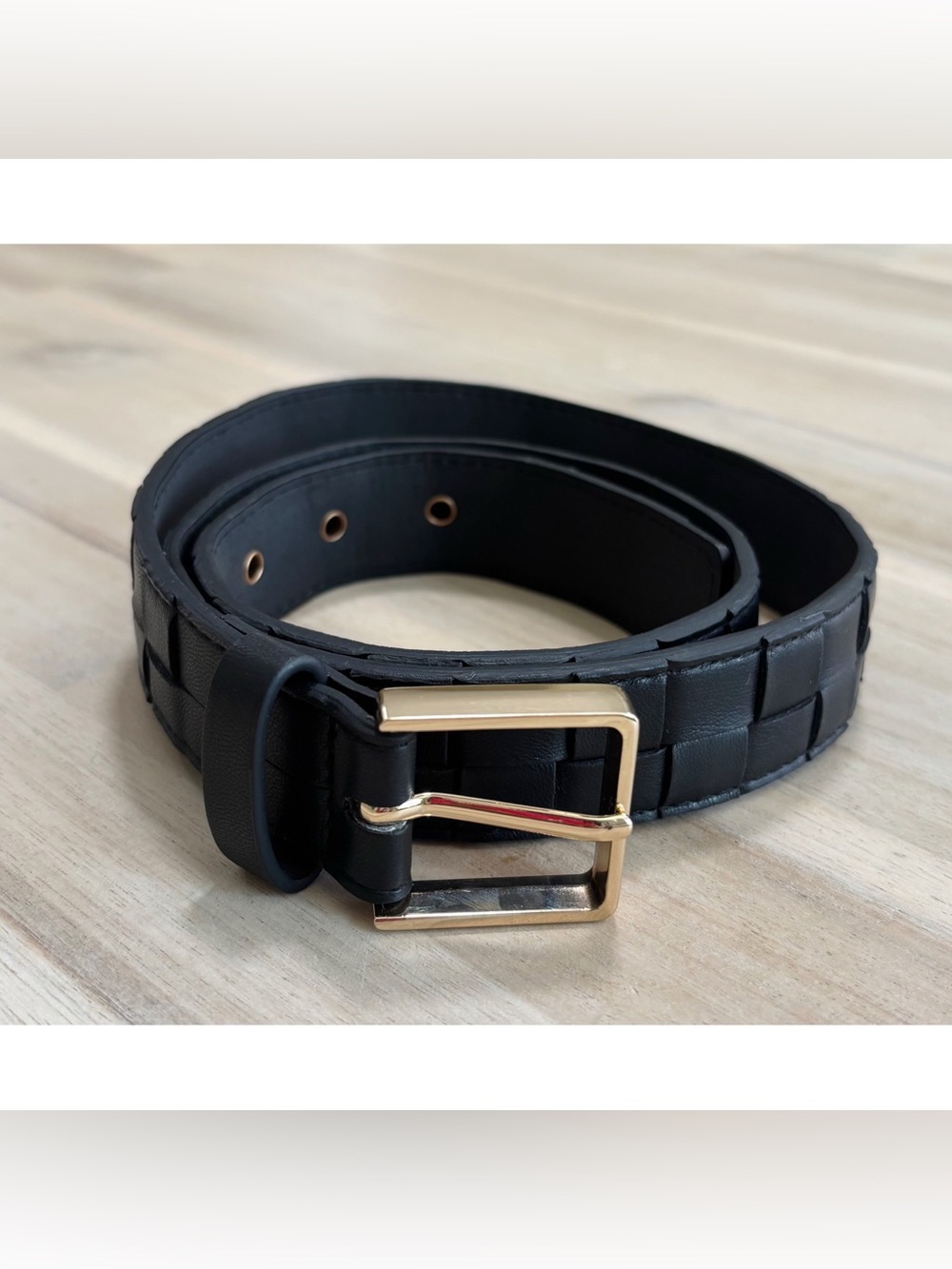 Petit Moments Size XS/S Black Woven Faux Leather Belt Gold Hardware